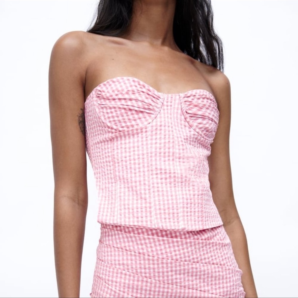 Zara Pink Pastel Gingham Corset Strapless Top Size Large
